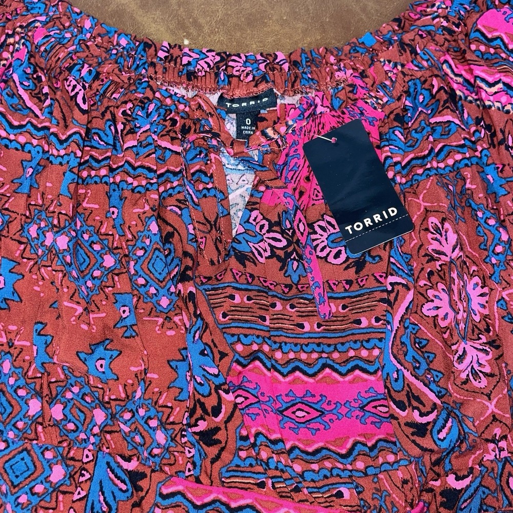NWT Torrid Tea Length Off Shoulder Peasant Dress Wildflower Mandala 00 M/L (10)‎ - Picture 5 of 7